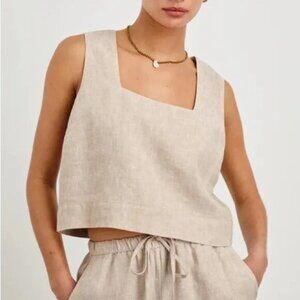 THE RESET R LABEL 100% Linen Beige Boxy Crop Top Tank, Size M Medium
